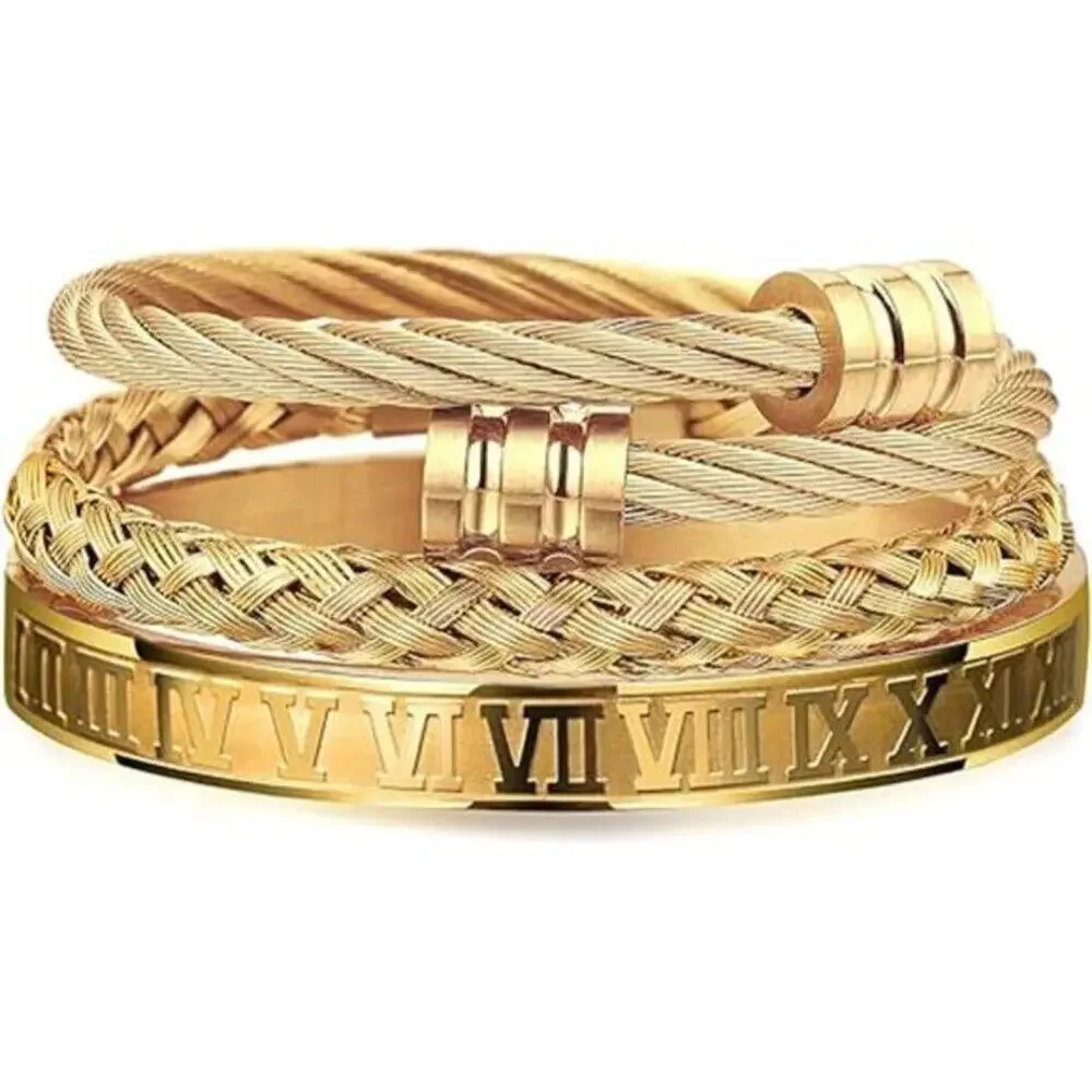 3PCS Stainless Steel Bracelets Gold Roman Numeral Bangle Bracelet